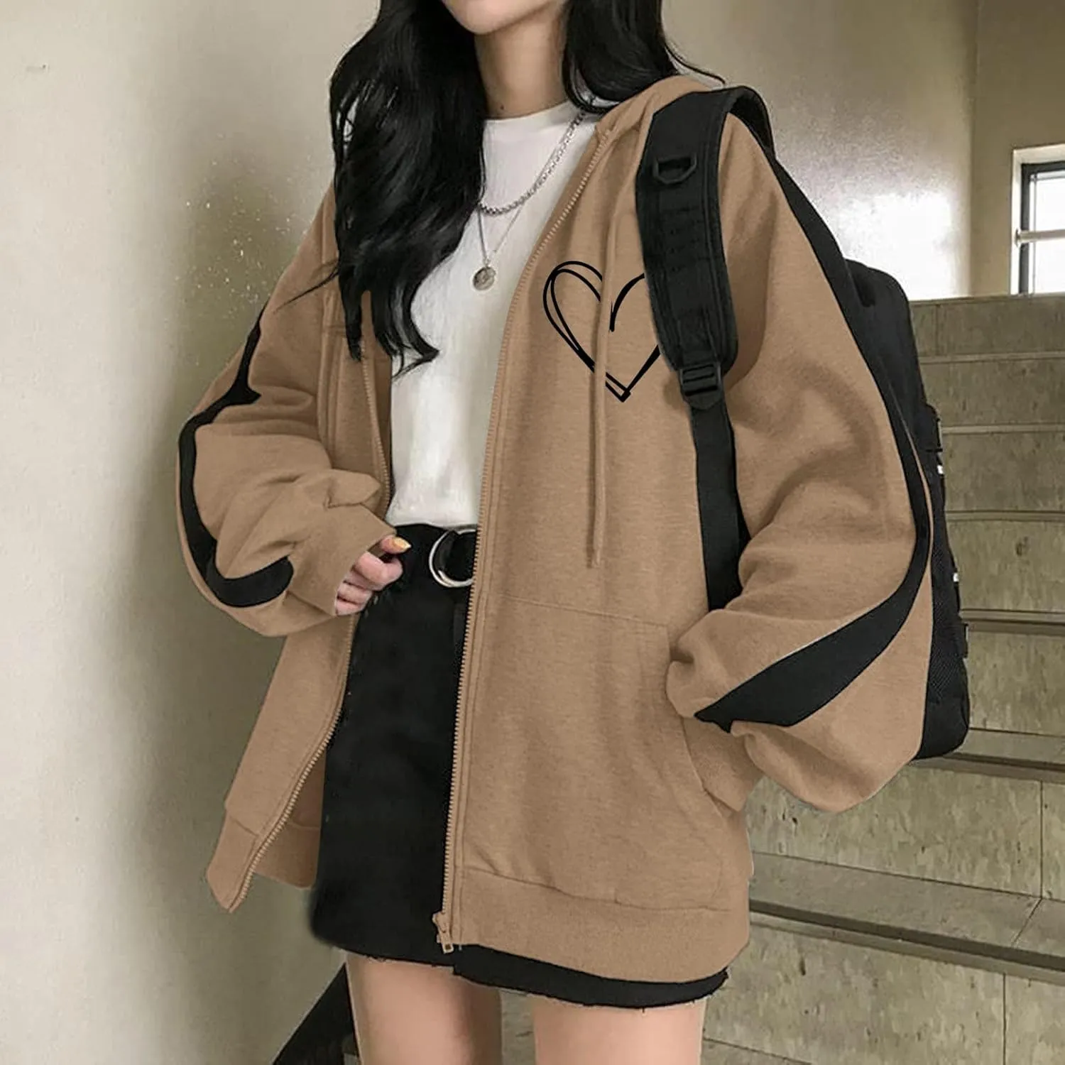 Womens Zip Up Hoodies Coats Casual Fall Sporty Sweatshirts Jacket Oversized Baggy Street String Pullover Sweaters 2023