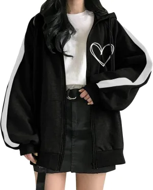 Womens Zip Up Hoodies Coats Casual Fall Sporty Sweatshirts Jacket Oversized Baggy Street String Pullover Sweaters 2023