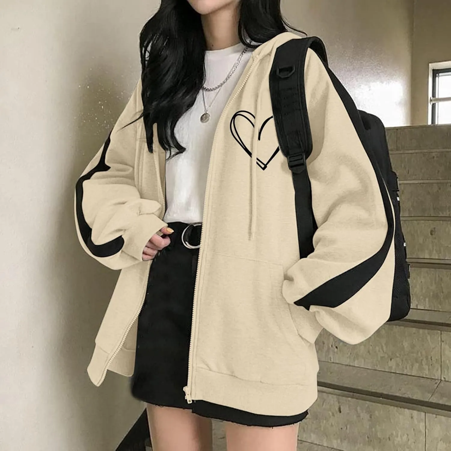 Womens Zip Up Hoodies Coats Casual Fall Sporty Sweatshirts Jacket Oversized Baggy Street String Pullover Sweaters 2023