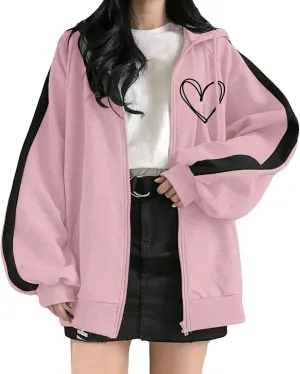 Womens Zip Up Hoodies Coats Casual Fall Sporty Sweatshirts Jacket Oversized Baggy Street String Pullover Sweaters 2023
