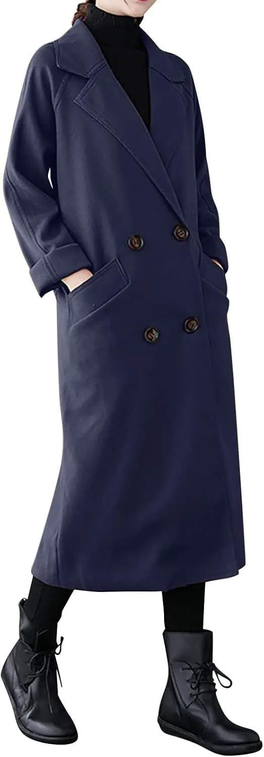 Wool Coats for Women 2024 Trendy Double Breasted Pea Coats Notch Lapel Long Winter Trench Coats with Pockets