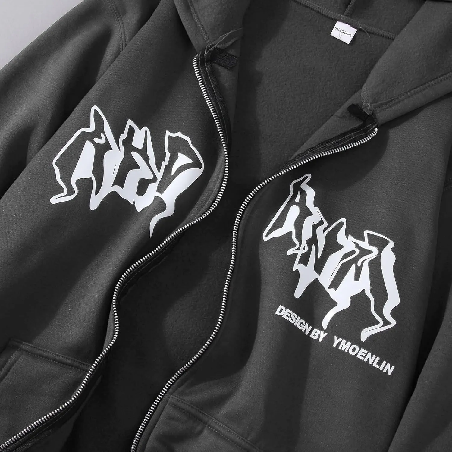 Y2k Sweatshirts for Women Full Zip Up Hooded Jacket Hip Hop Vintage Goth Print Tops Street Fashion Pullovers