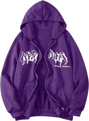 Y2k Sweatshirts for Women Full Zip Up Hooded Jacket Hip Hop Vintage Goth Print Tops Street Fashion Pullovers