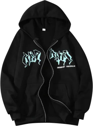 Y2k Sweatshirts for Women Full Zip Up Hooded Jacket Hip Hop Vintage Goth Print Tops Street Fashion Pullovers