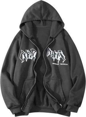 Y2k Sweatshirts for Women Full Zip Up Hooded Jacket Hip Hop Vintage Goth Print Tops Street Fashion Pullovers