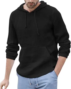 Ymosrh Men's Sweatshirt Baggy Cotton Linen Hooded Pocket Solid Long Sleeve Retro T Shirts Tops Hoodies For Men, M-3XL