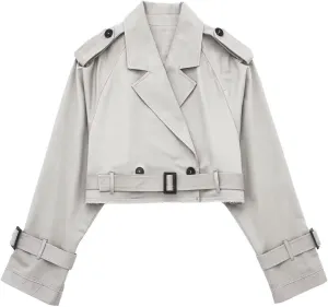 YRAETENM Cropped Trench Coat for Women Lightweight Lapel Double Breasted Short Jacket Belted Long Sleeve Fall Fashion Outwear