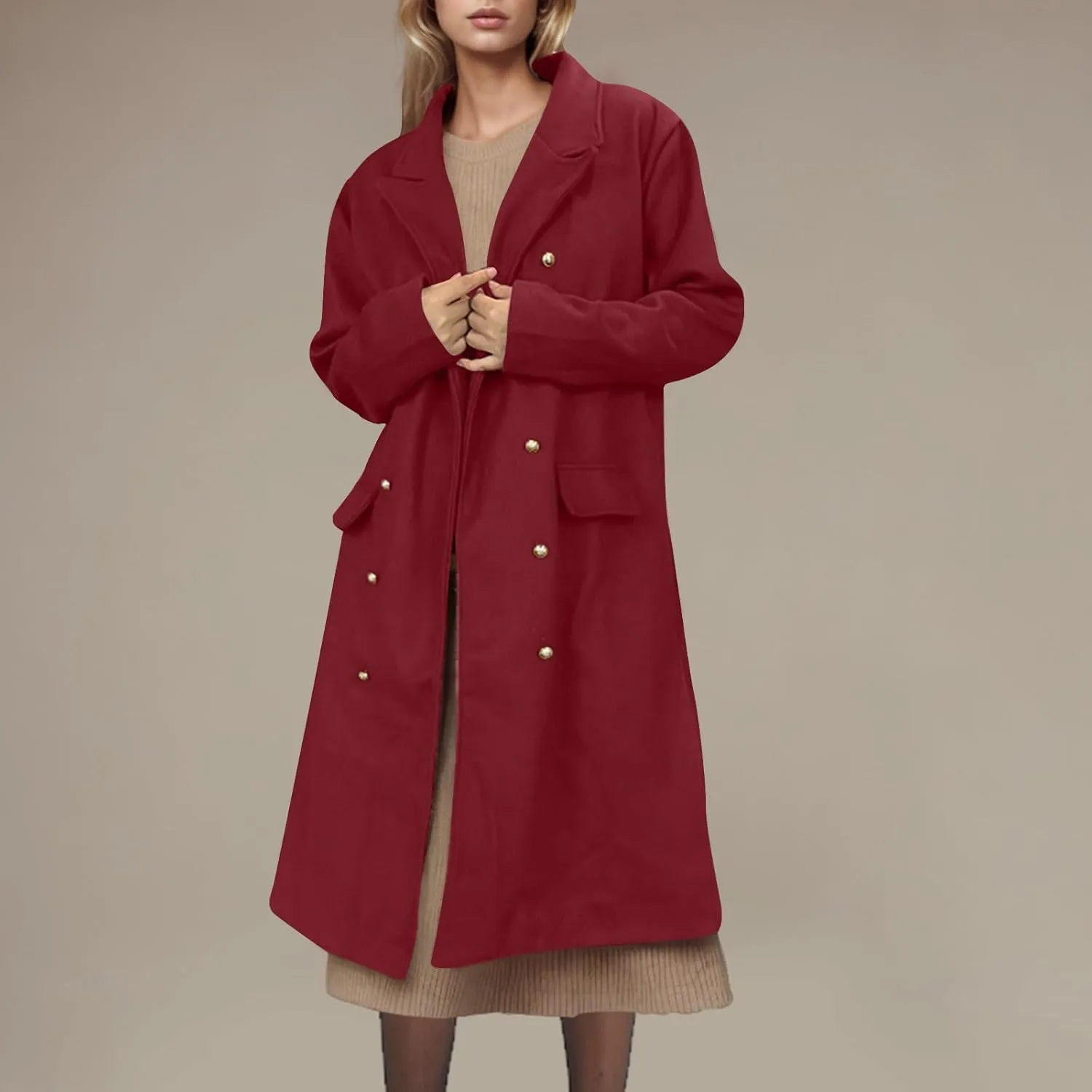 YRAETENM Pea Coats for Women Winter Double Breasted Midi Long Wool Blend Jackets Oversized Notch Lapel Trench Coat Overcoat
