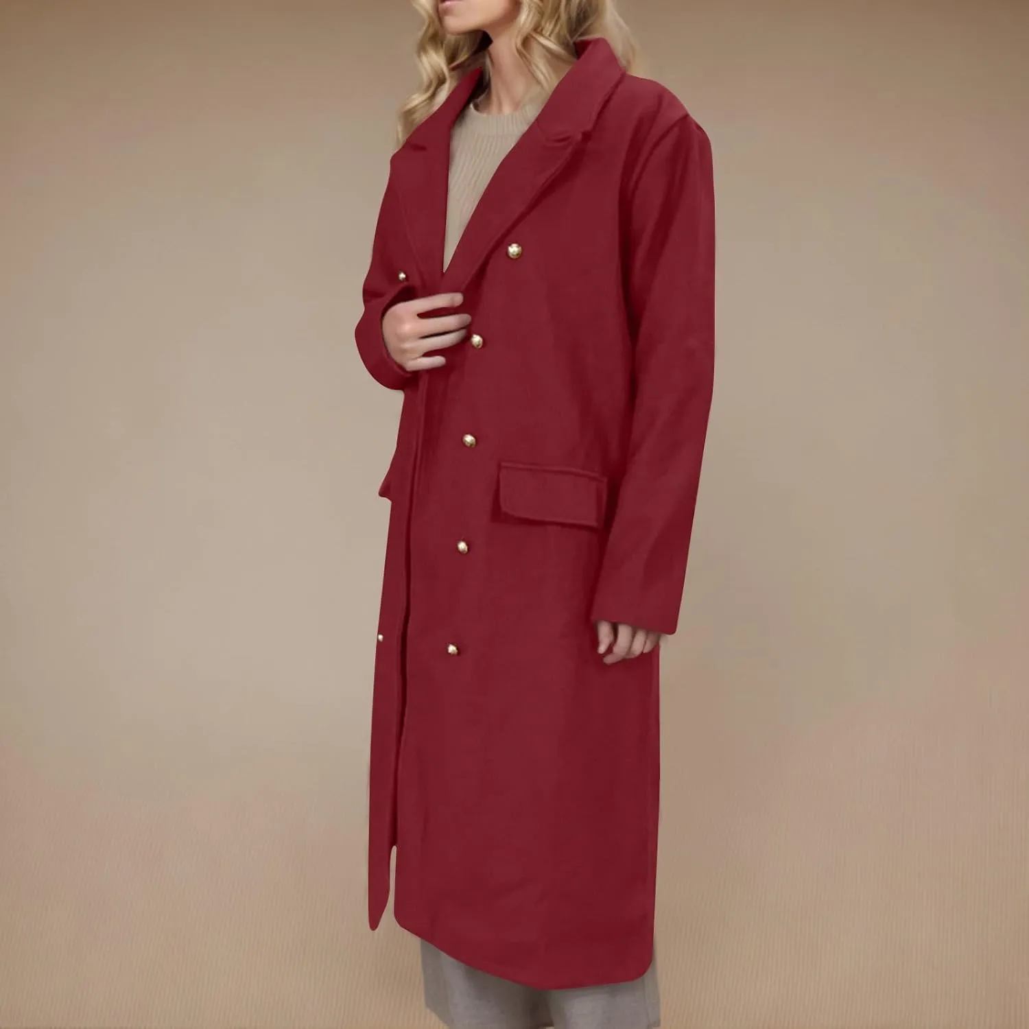 YRAETENM Pea Coats for Women Winter Double Breasted Midi Long Wool Blend Jackets Oversized Notch Lapel Trench Coat Overcoat