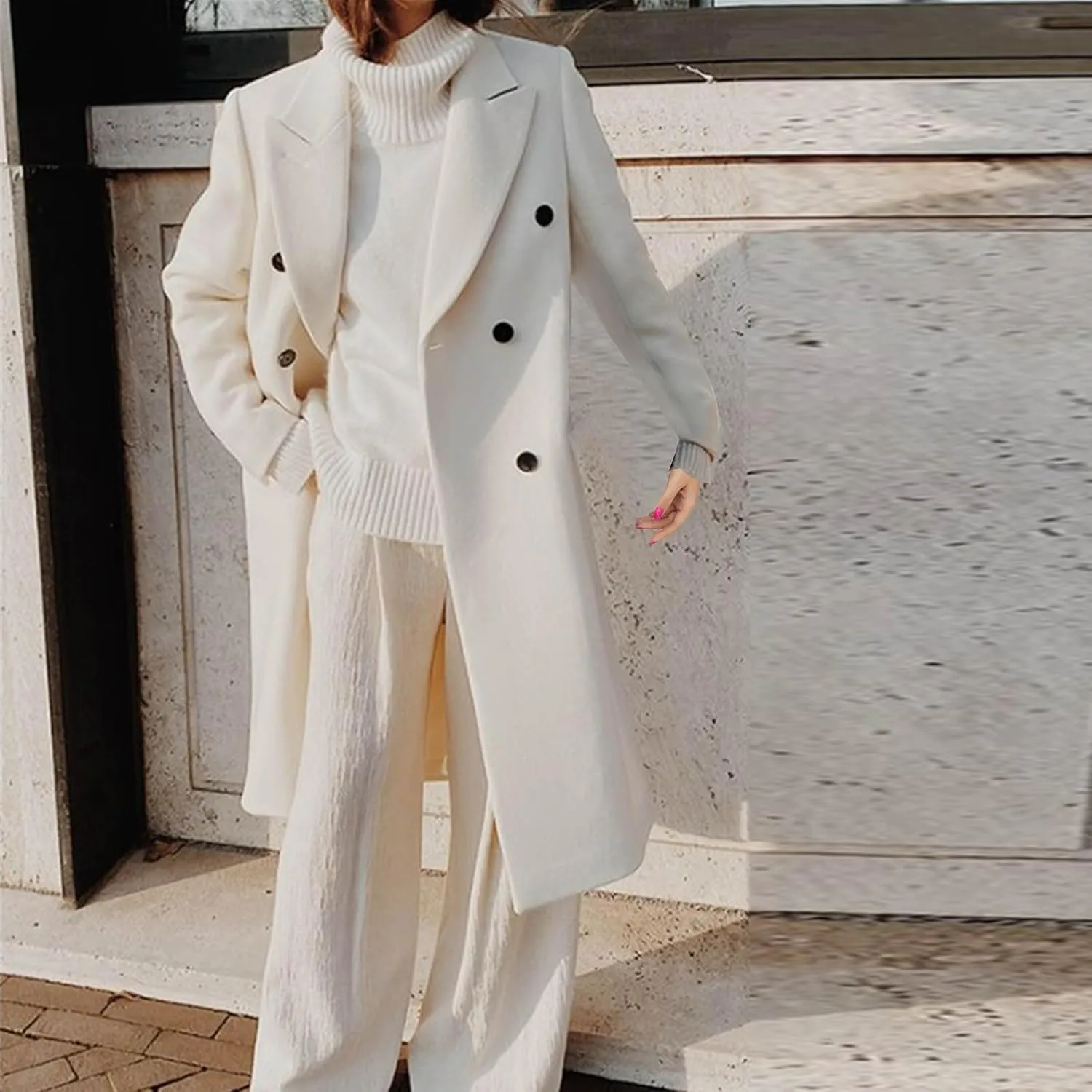 YRAETENM Winter Coats for Women Double Breasted Notched Lapel Trench Coat Work Office Jacket Maxi Long Wool Blend Pea Coat