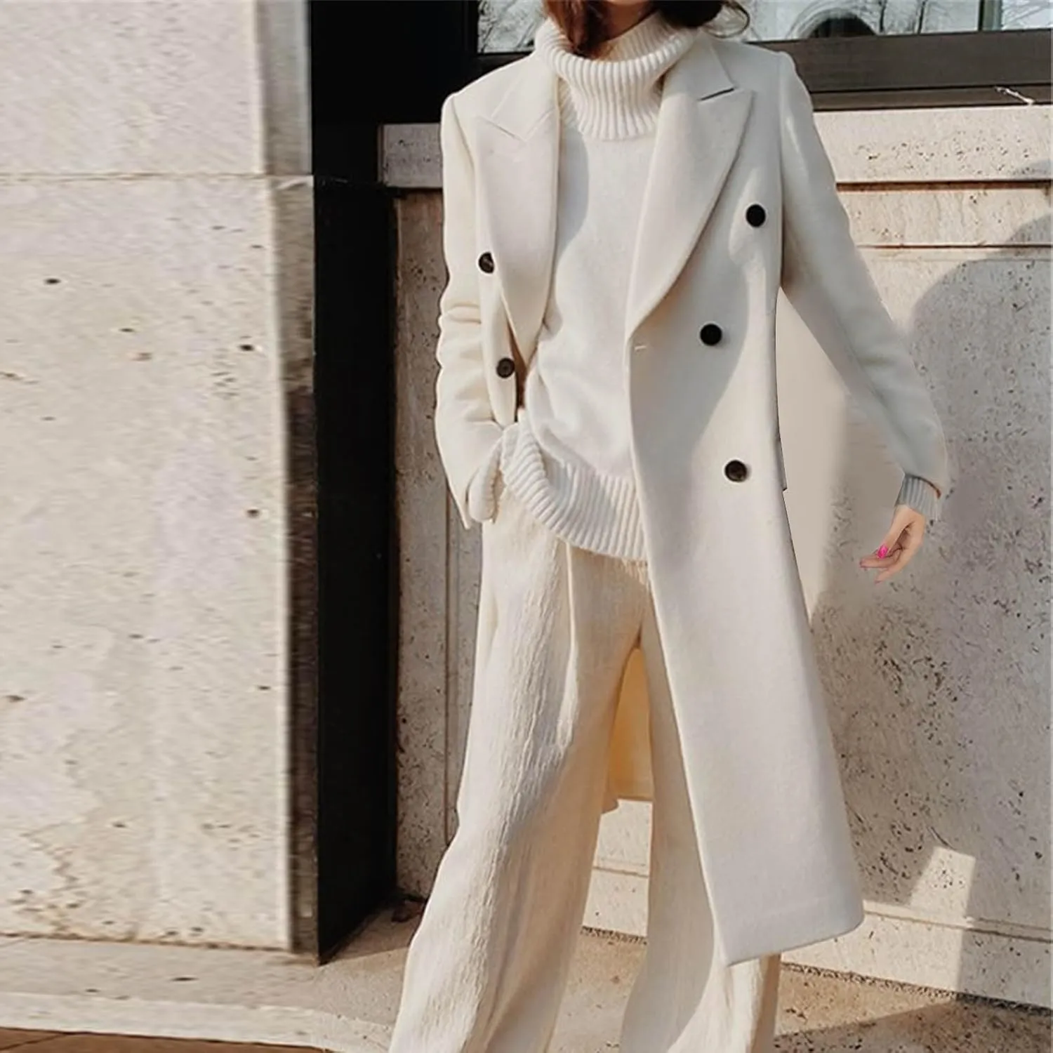 YRAETENM Winter Coats for Women Double Breasted Notched Lapel Trench Coat Work Office Jacket Maxi Long Wool Blend Pea Coat