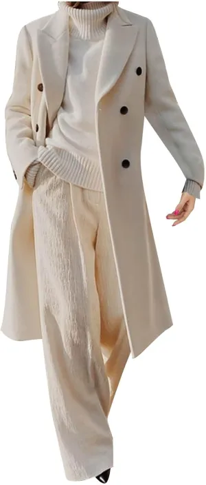 YRAETENM Winter Coats for Women Double Breasted Notched Lapel Trench Coat Work Office Jacket Maxi Long Wool Blend Pea Coat