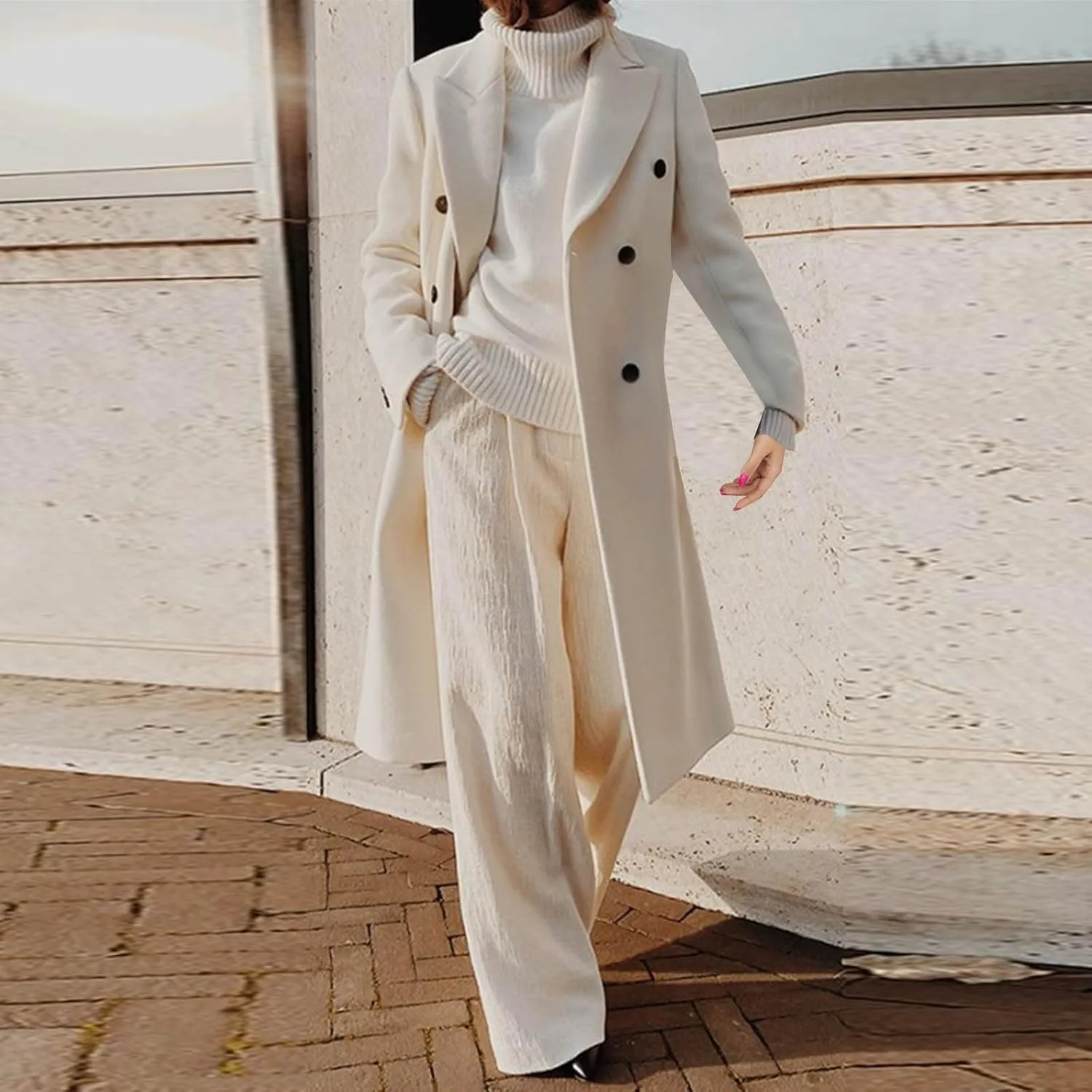 YRAETENM Winter Coats for Women Double Breasted Notched Lapel Trench Coat Work Office Jacket Maxi Long Wool Blend Pea Coat