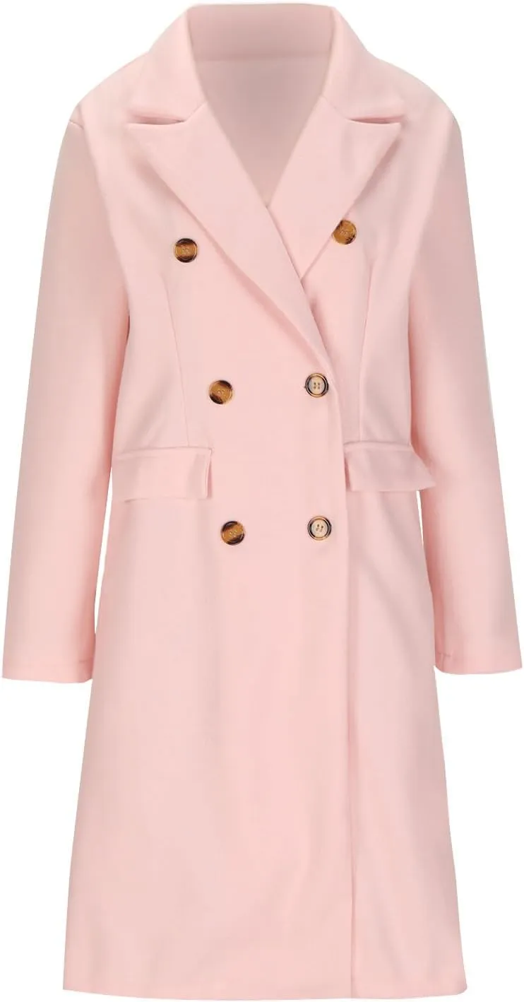 YRAETENM Women Casual Double Breasted Mid Long Pea Coat Winter Notch Lapel Collar Wool Coats Plus Size Blazer Jackets Outwear