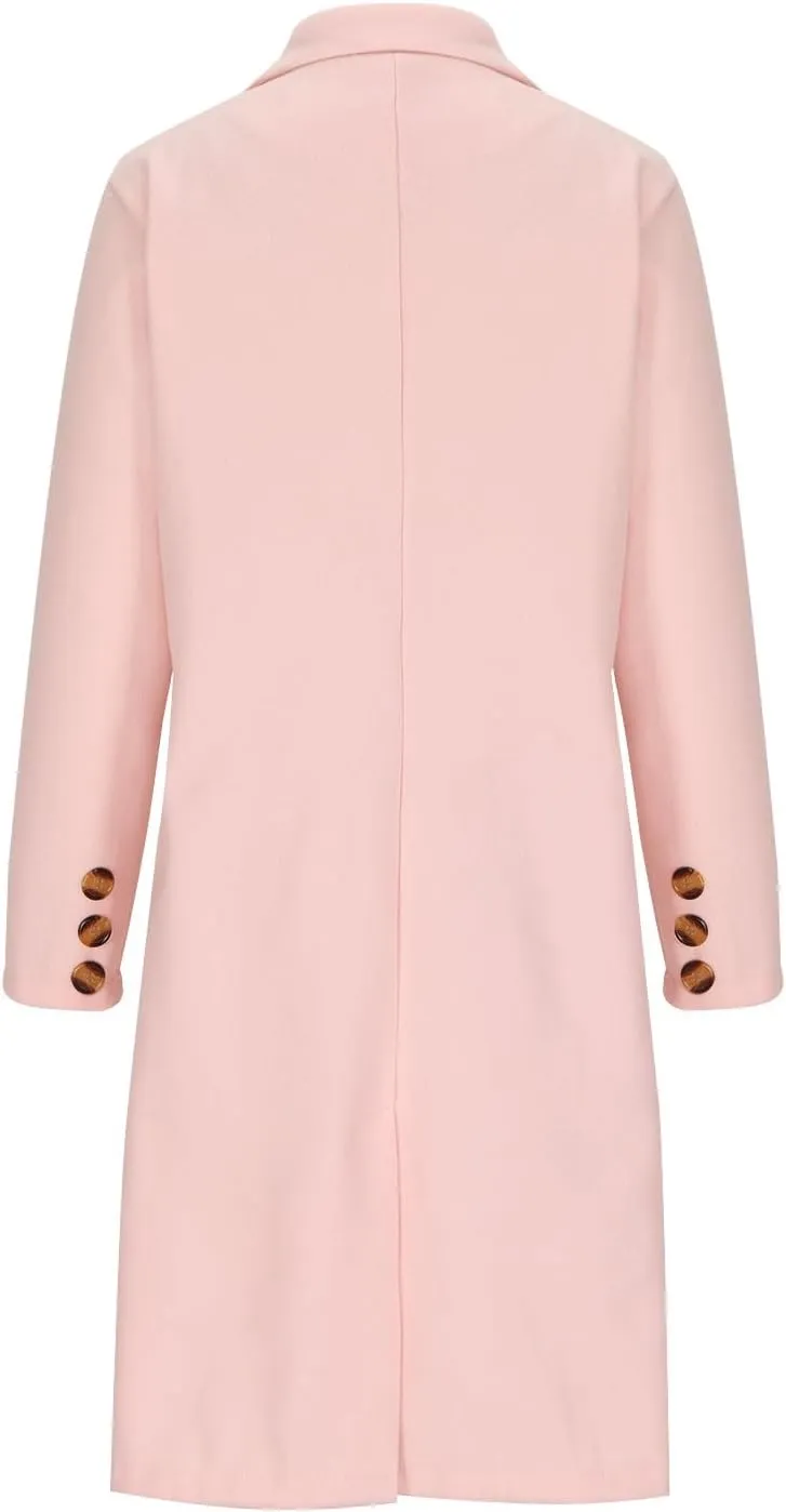 YRAETENM Women Casual Double Breasted Mid Long Pea Coat Winter Notch Lapel Collar Wool Coats Plus Size Blazer Jackets Outwear