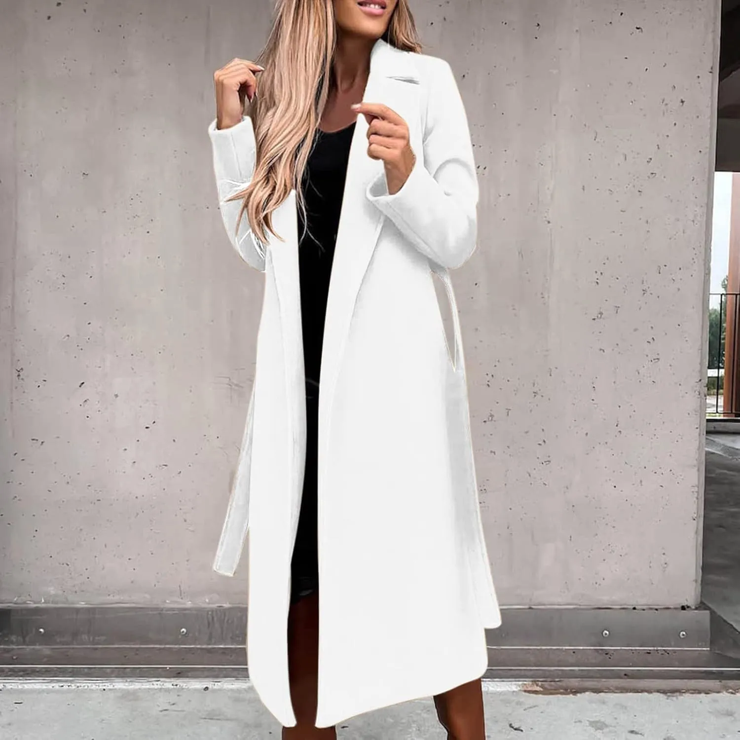 YRAETENM Womens Long Wool Pea Coats Winter Open Front Notched Collar Cardigan Casual Warm Woolen Blend Trench Coats with Belt