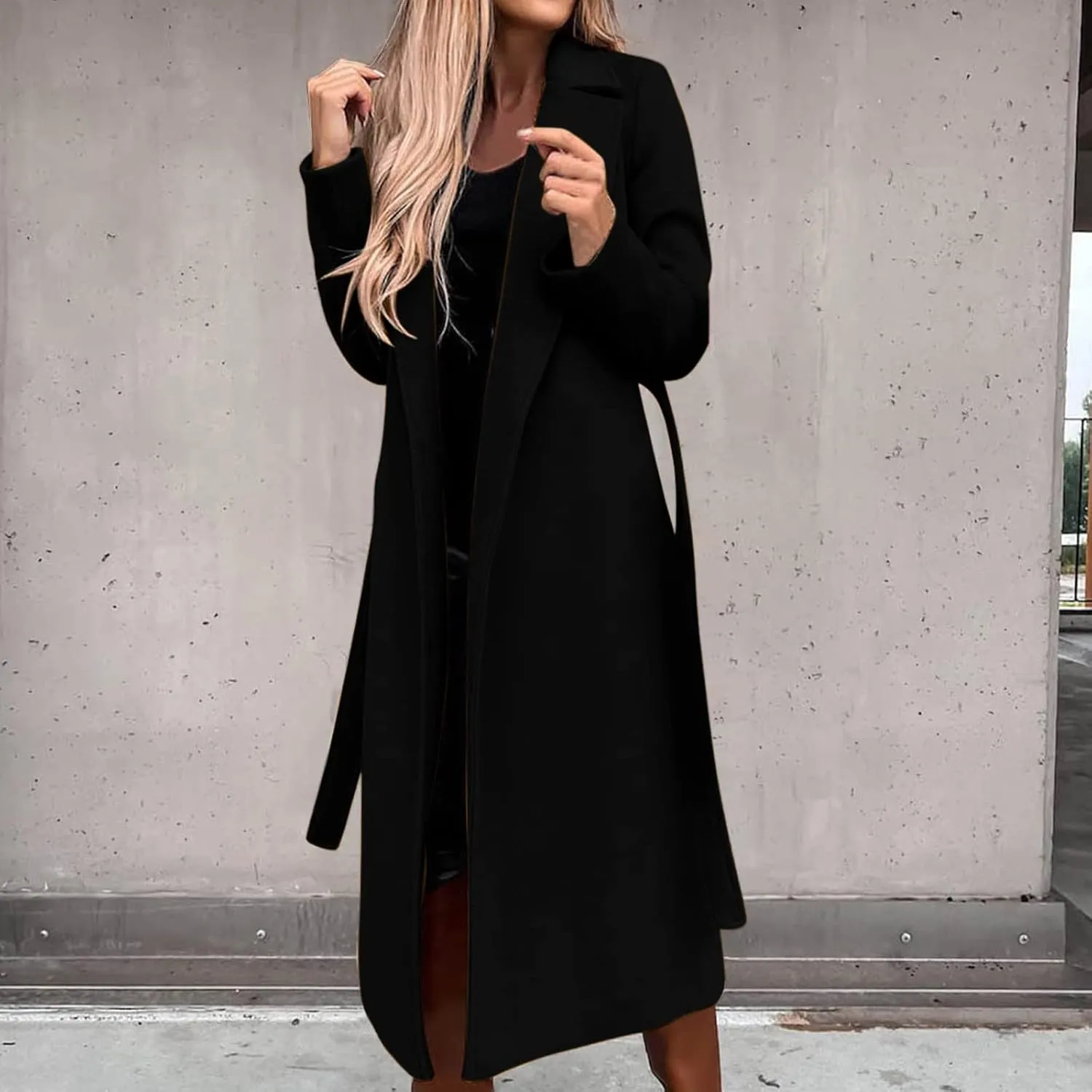 YRAETENM Womens Long Wool Pea Coats Winter Open Front Notched Collar Cardigan Casual Warm Woolen Blend Trench Coats with Belt