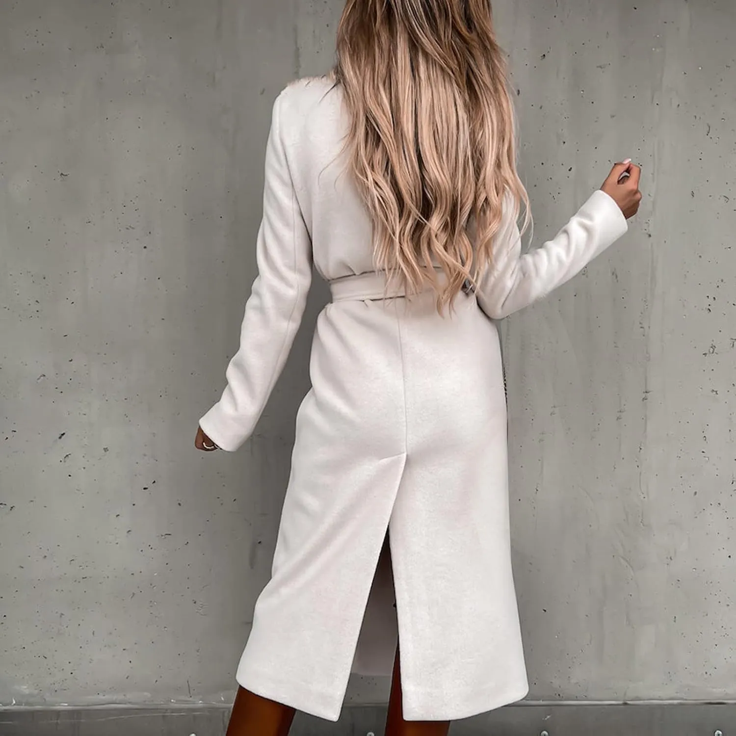 YRAETENM Womens Long Wool Pea Coats Winter Open Front Notched Collar Cardigan Casual Warm Woolen Blend Trench Coats with Belt