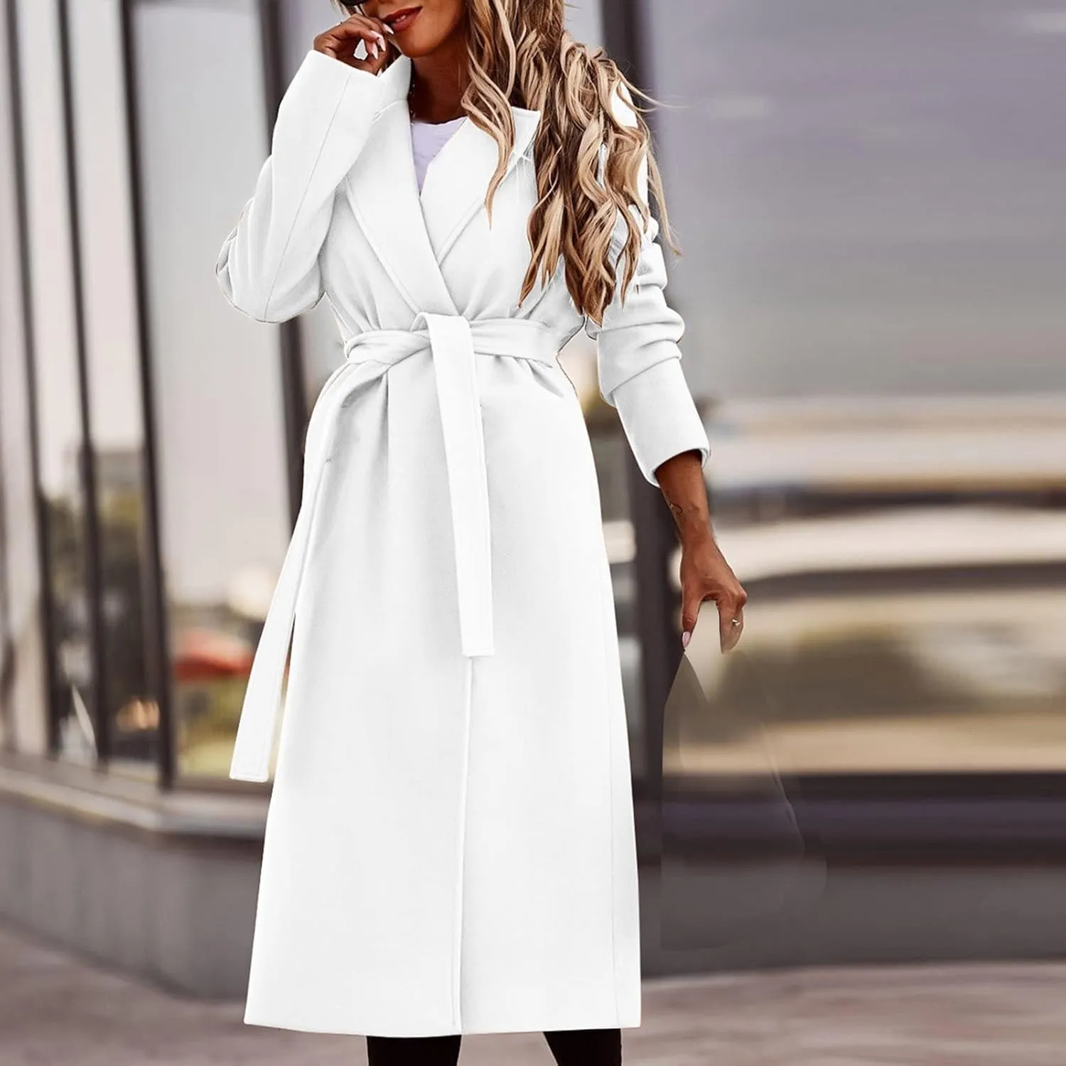 YRAETENM Womens Long Wool Pea Coats Winter Open Front Notched Collar Cardigan Casual Warm Woolen Blend Trench Coats with Belt