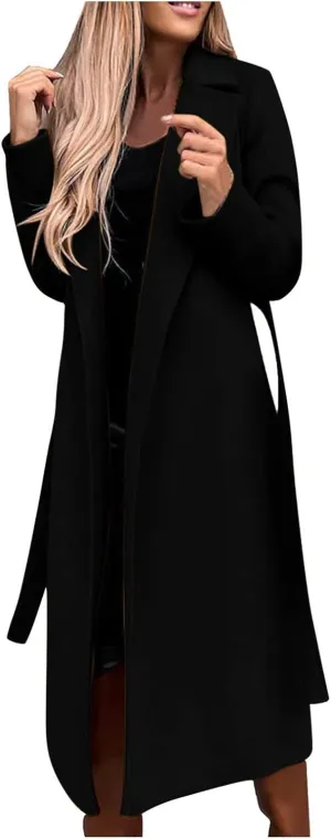 YRAETENM Womens Long Wool Pea Coats Winter Open Front Notched Collar Cardigan Casual Warm Woolen Blend Trench Coats with Belt