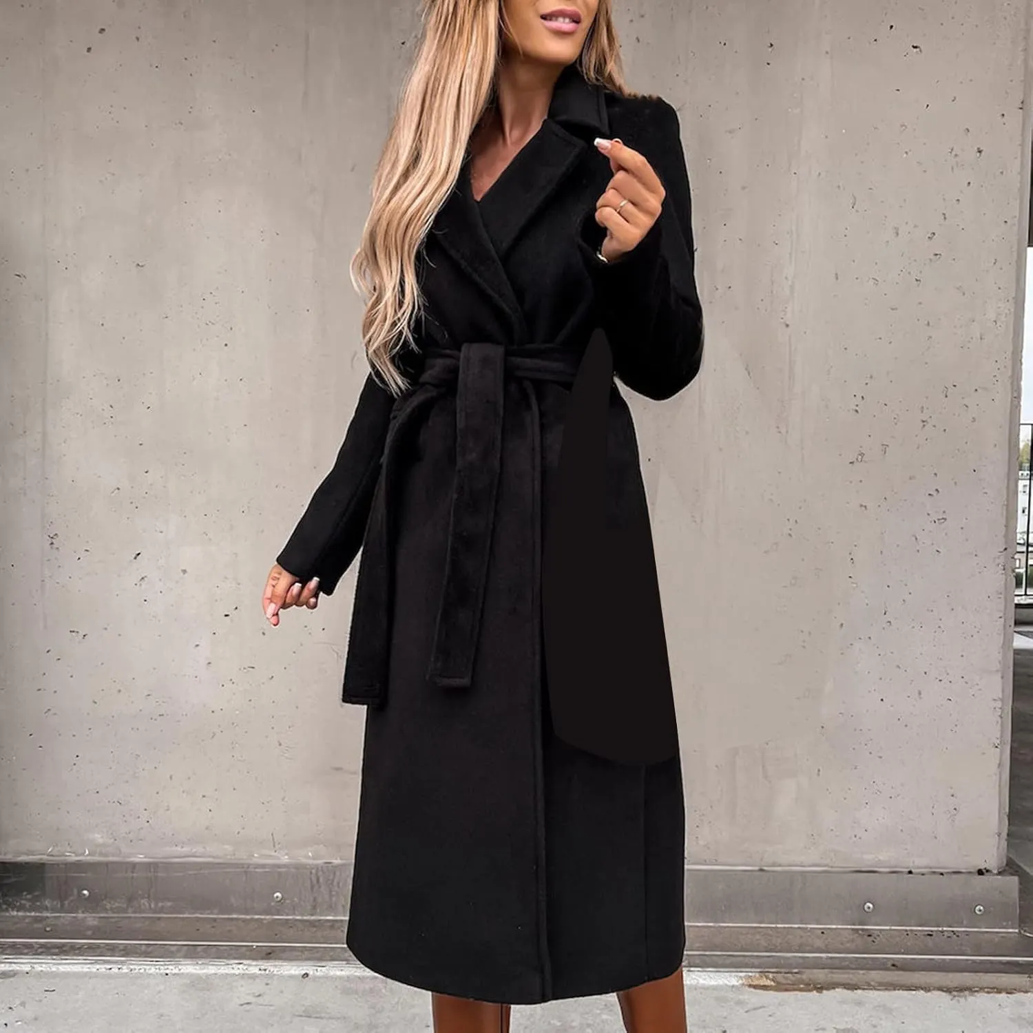 YRAETENM Womens Long Wool Pea Coats Winter Open Front Notched Collar Cardigan Casual Warm Woolen Blend Trench Coats with Belt