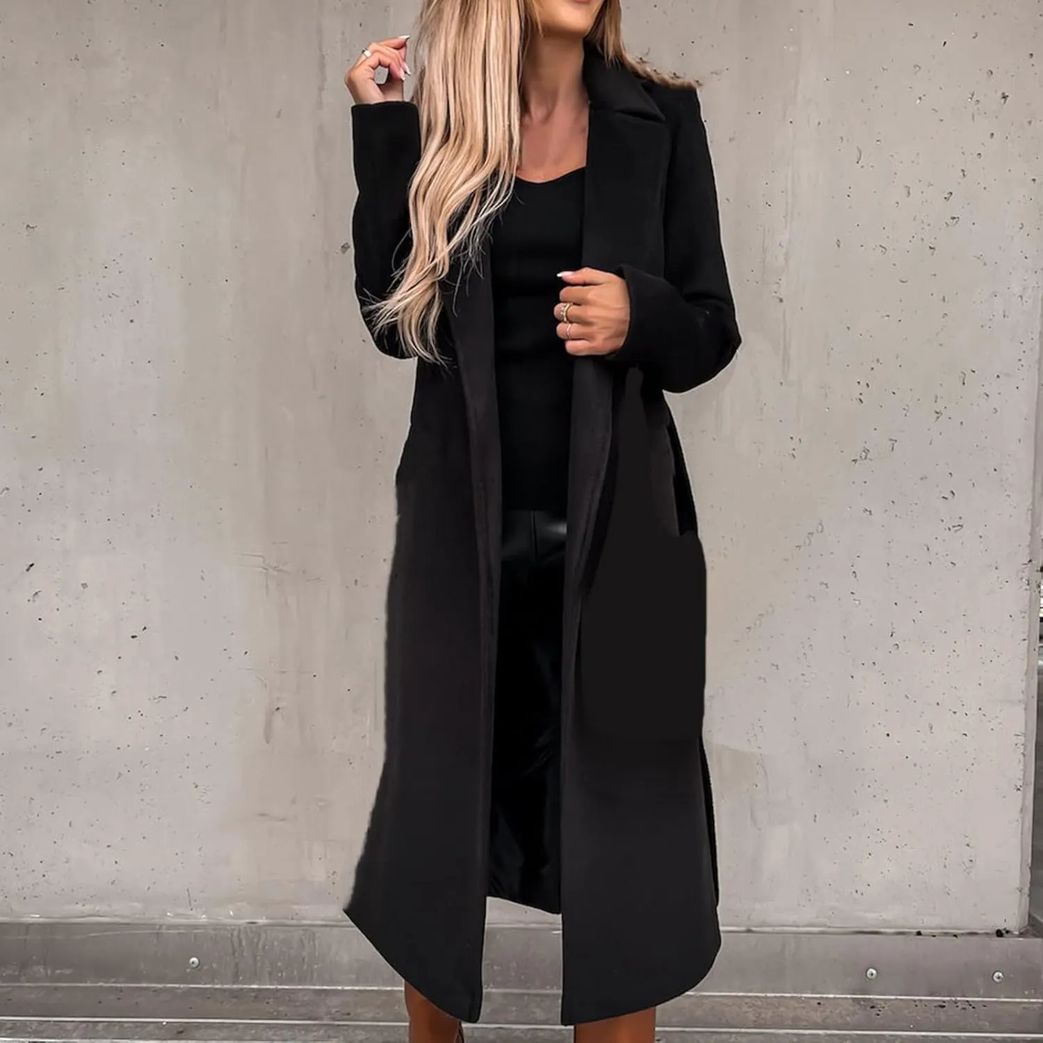YRAETENM Womens Long Wool Pea Coats Winter Open Front Notched Collar Cardigan Casual Warm Woolen Blend Trench Coats with Belt