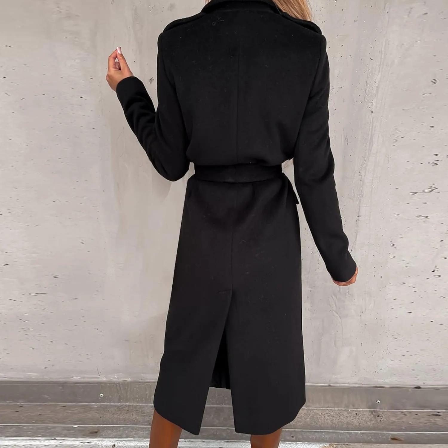 YRAETENM Womens Long Wool Pea Coats Winter Open Front Notched Collar Cardigan Casual Warm Woolen Blend Trench Coats with Belt