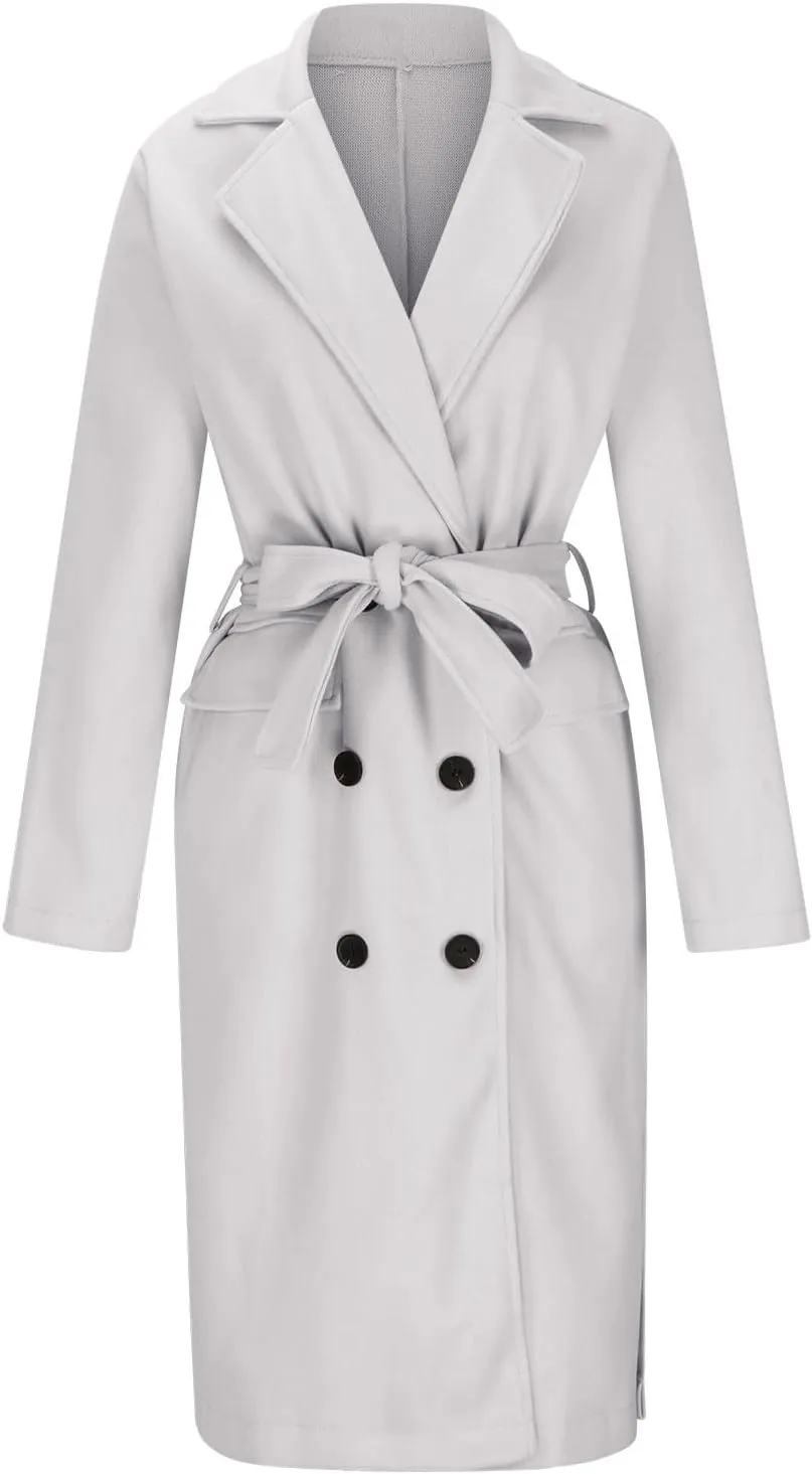 YRAETENM Womens Long Wool Pea Coats Winter Open Front Notched Collar Cardigan Casual Warm Woolen Blend Trench Coats with Belt
