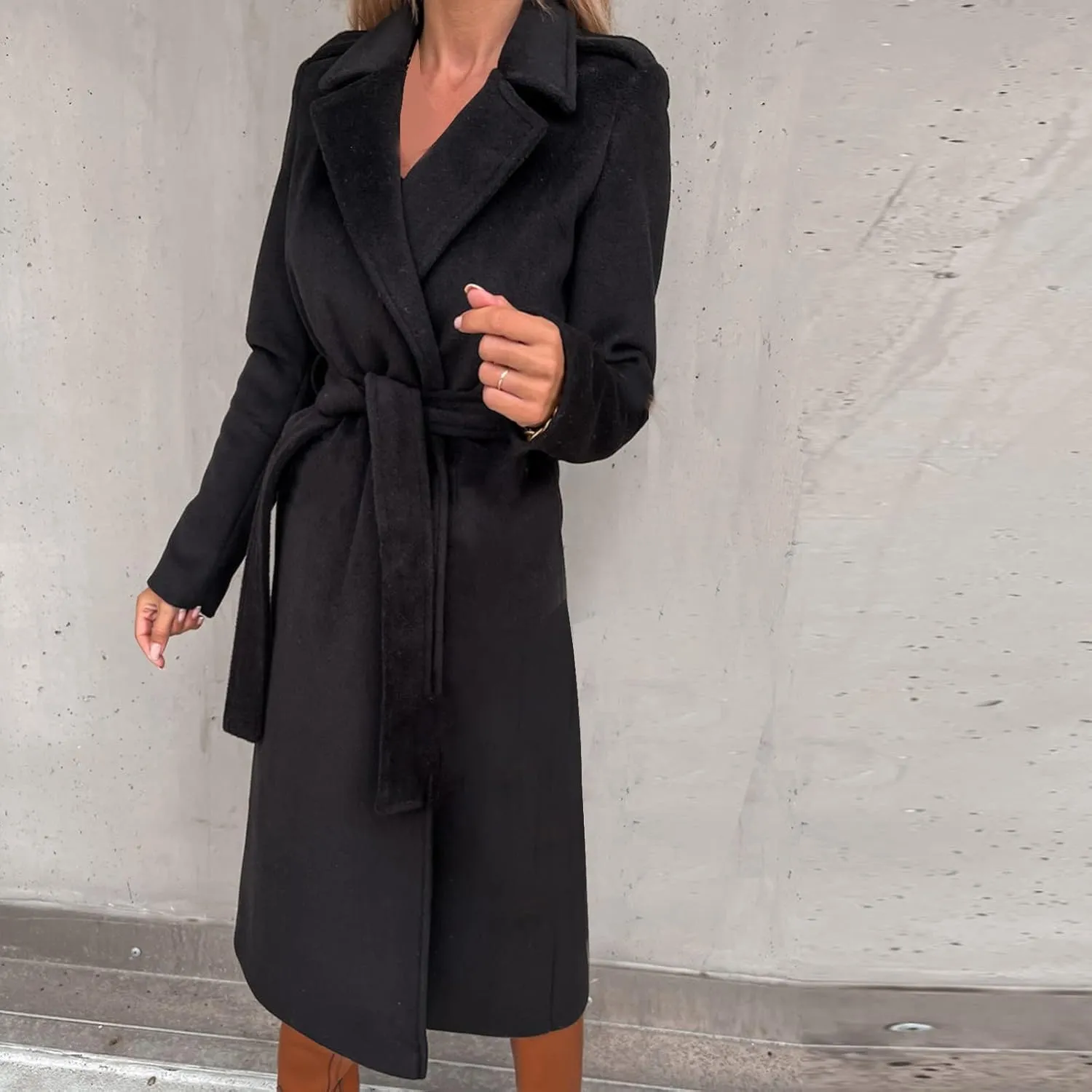 YRAETENM Womens Long Wool Pea Coats Winter Open Front Notched Collar Cardigan Casual Warm Woolen Blend Trench Coats with Belt