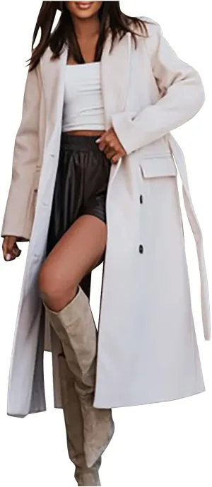 YRAETENM Womens Long Wool Pea Coats Winter Open Front Notched Collar Cardigan Casual Warm Woolen Blend Trench Coats with Belt