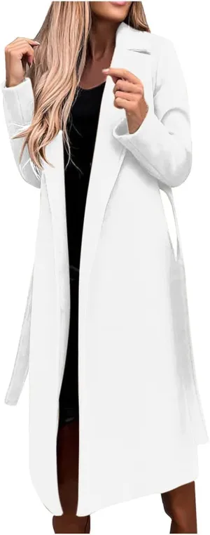 YRAETENM Womens Long Wool Pea Coats Winter Open Front Notched Collar Cardigan Casual Warm Woolen Blend Trench Coats with Belt