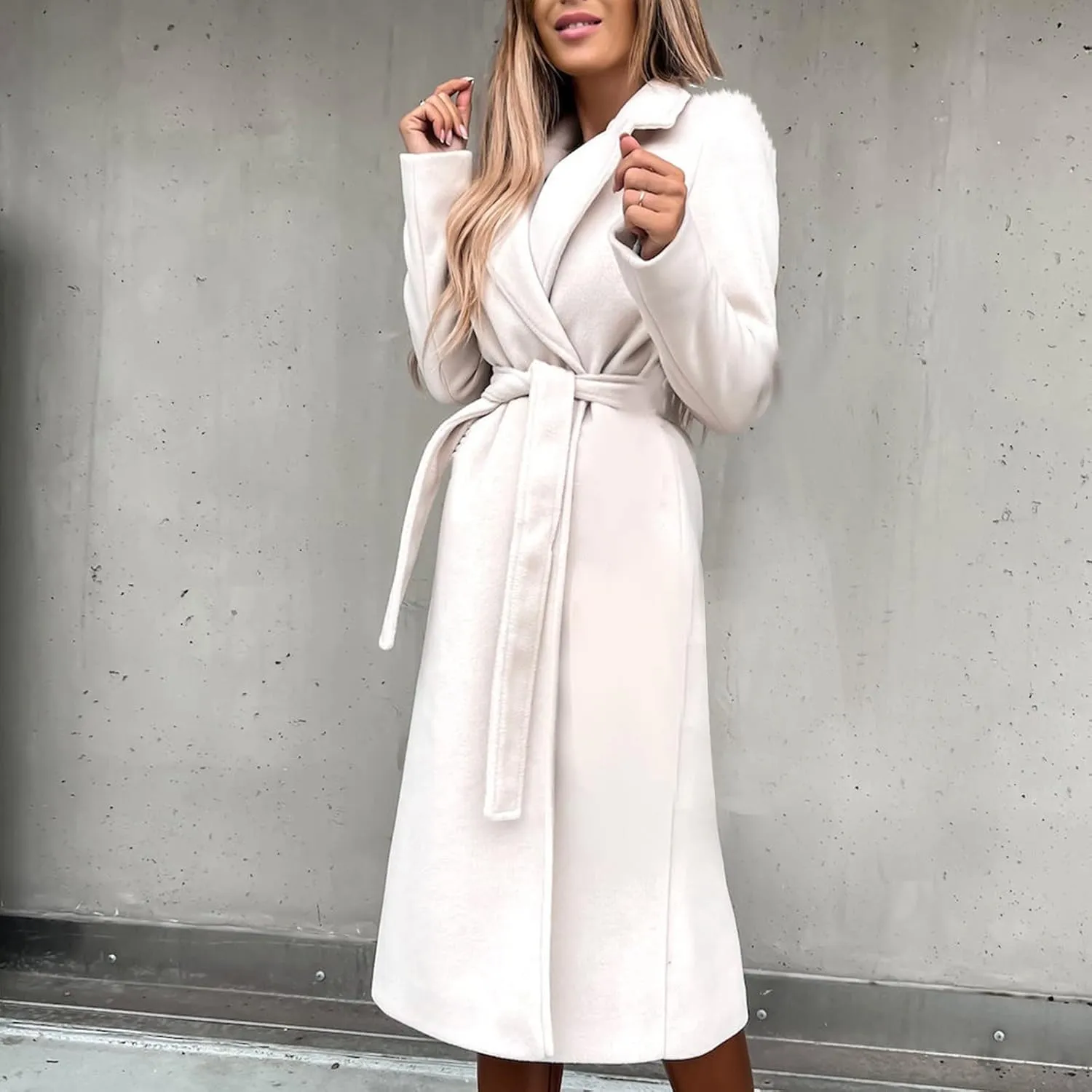 YRAETENM Womens Long Wool Pea Coats Winter Open Front Notched Collar Cardigan Casual Warm Woolen Blend Trench Coats with Belt