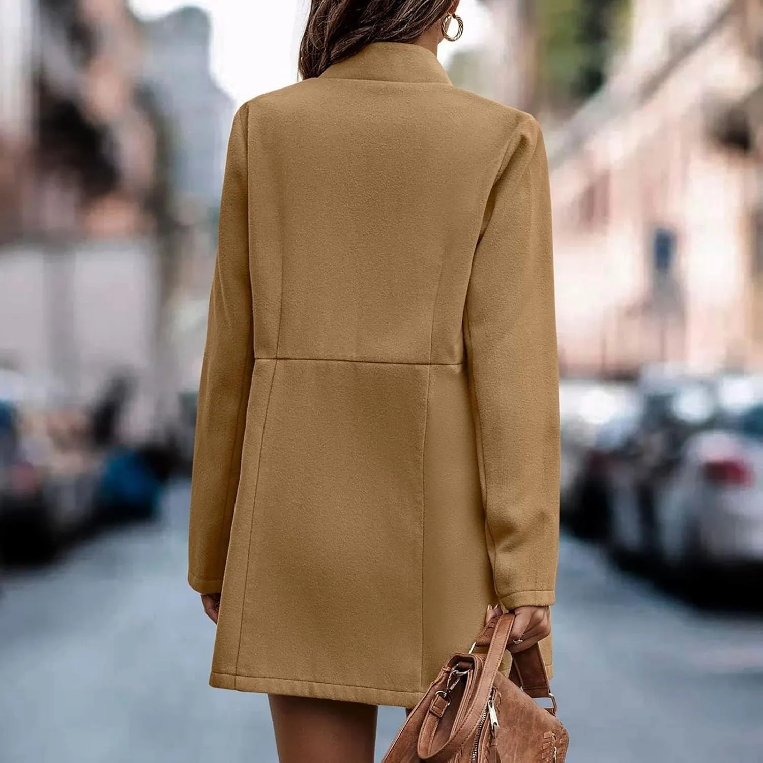 YRAETENM Women's Stand Collar Jacket Fall Winter Warm Wool Blend Pea Coats Slim Fit Business Office Long Cardigan Outwear