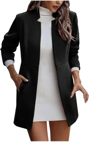 YRAETENM Women's Stand Collar Jacket Fall Winter Warm Wool Blend Pea Coats Slim Fit Business Office Long Cardigan Outwear