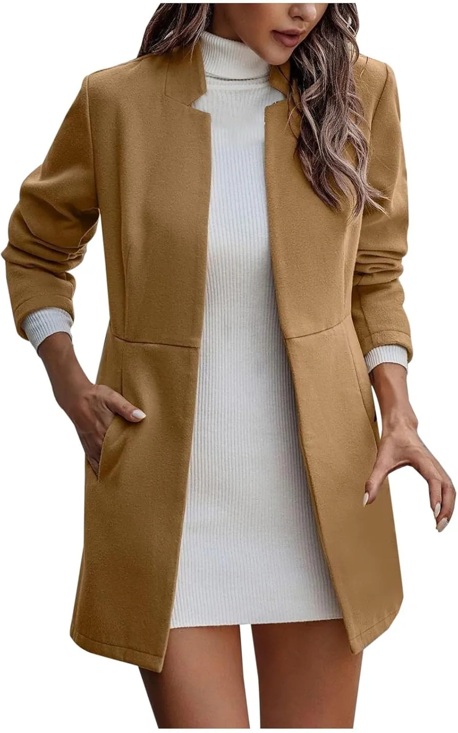 YRAETENM Women's Stand Collar Jacket Fall Winter Warm Wool Blend Pea Coats Slim Fit Business Office Long Cardigan Outwear