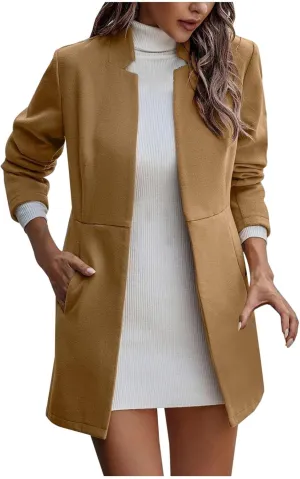 YRAETENM Women's Stand Collar Jacket Fall Winter Warm Wool Blend Pea Coats Slim Fit Business Office Long Cardigan Outwear