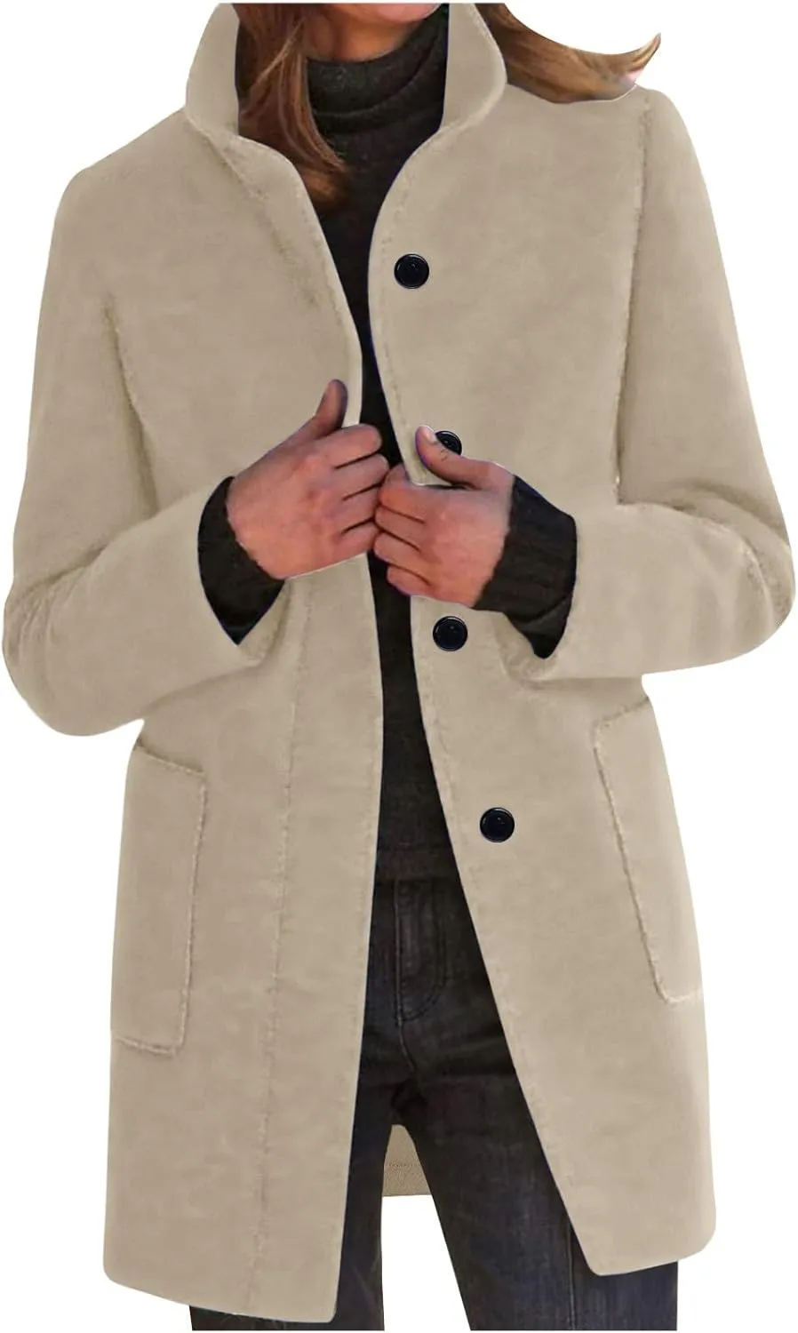 YRAETENM Women's Winter Wool Blend Pea Coat Stand Collar Single Breasted Jackets Casual Trench Coat Overcoat with Pockets
