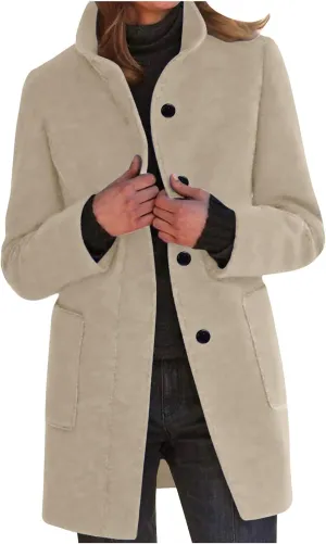 YRAETENM Women's Winter Wool Blend Pea Coat Stand Collar Single Breasted Jackets Casual Trench Coat Overcoat with Pockets
