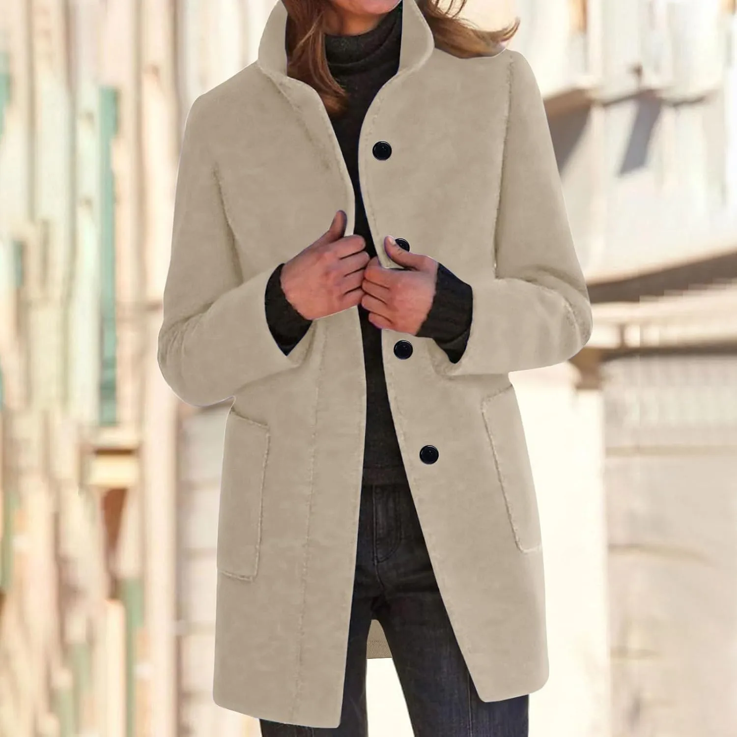 YRAETENM Women's Winter Wool Blend Pea Coat Stand Collar Single Breasted Jackets Casual Trench Coat Overcoat with Pockets