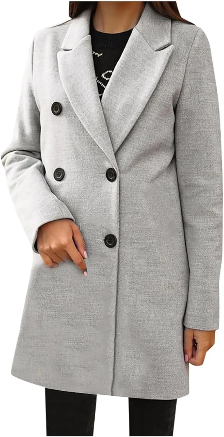 YRAETENM Wool Coats for Women Plus Size Business Notch Lapel Trench Coats Fall Winter Open Front Pea Coats Warm Outwear