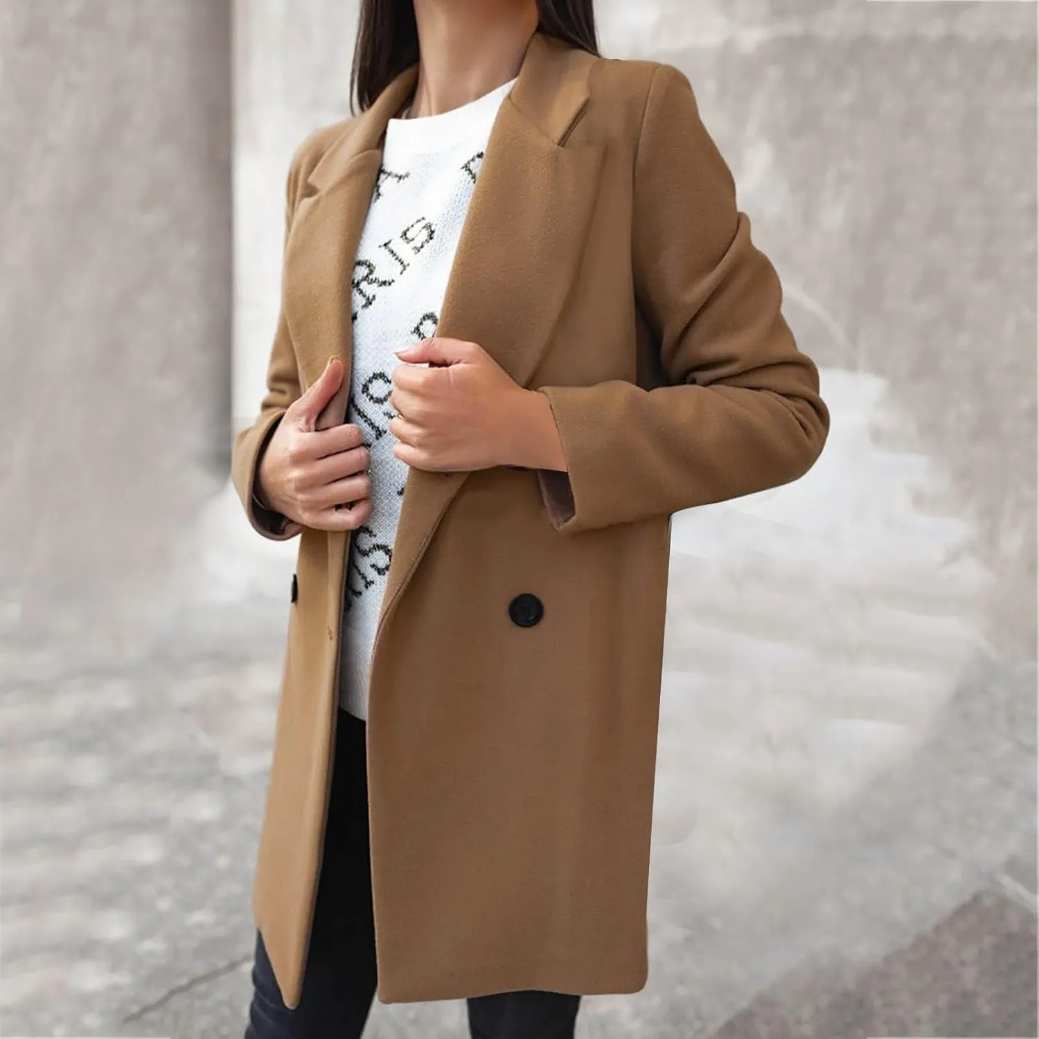 YRAETENM Wool Coats for Women Plus Size Business Notch Lapel Trench Coats Fall Winter Open Front Pea Coats Warm Outwear