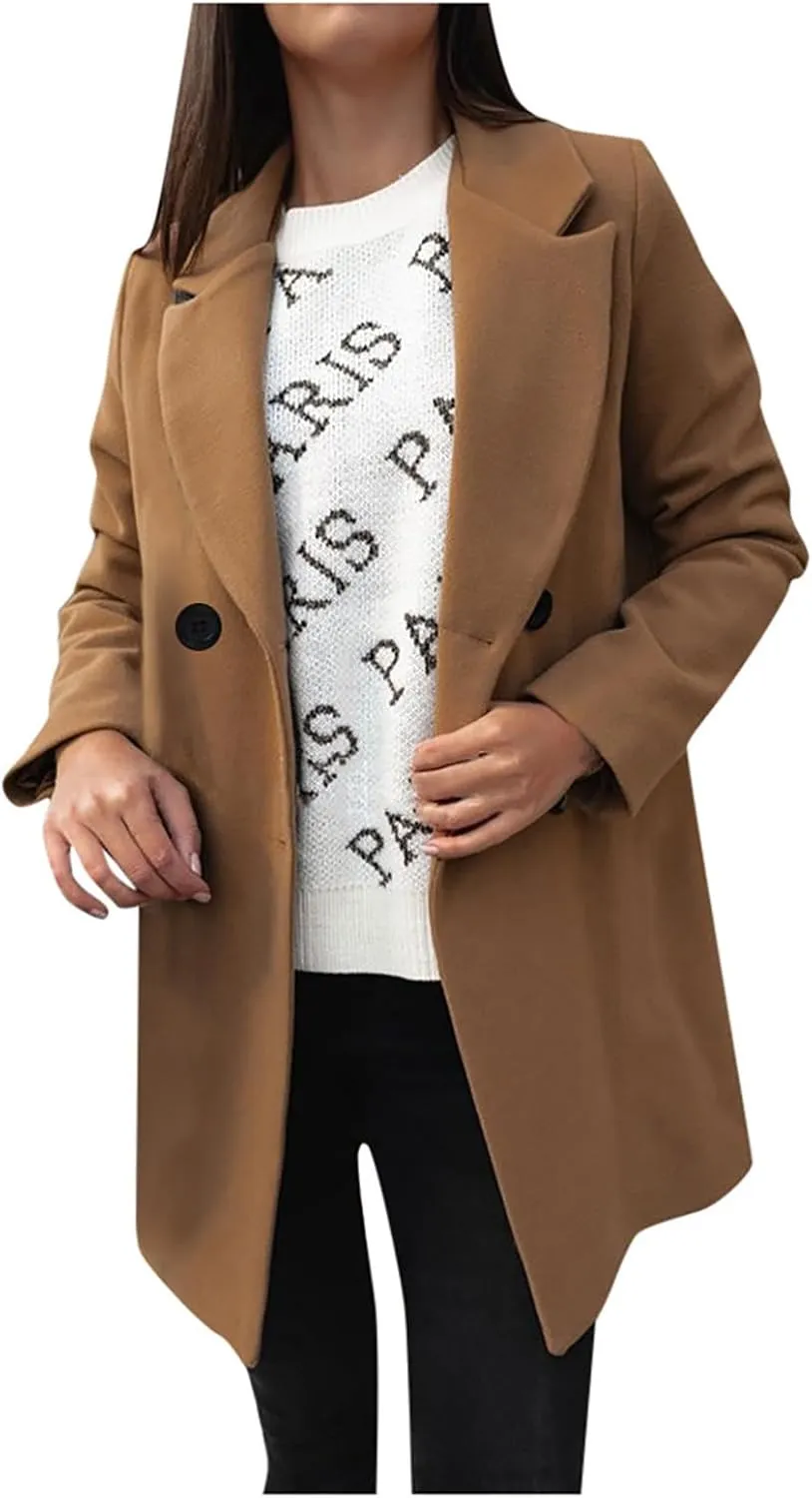 YRAETENM Wool Coats for Women Plus Size Business Notch Lapel Trench Coats Fall Winter Open Front Pea Coats Warm Outwear