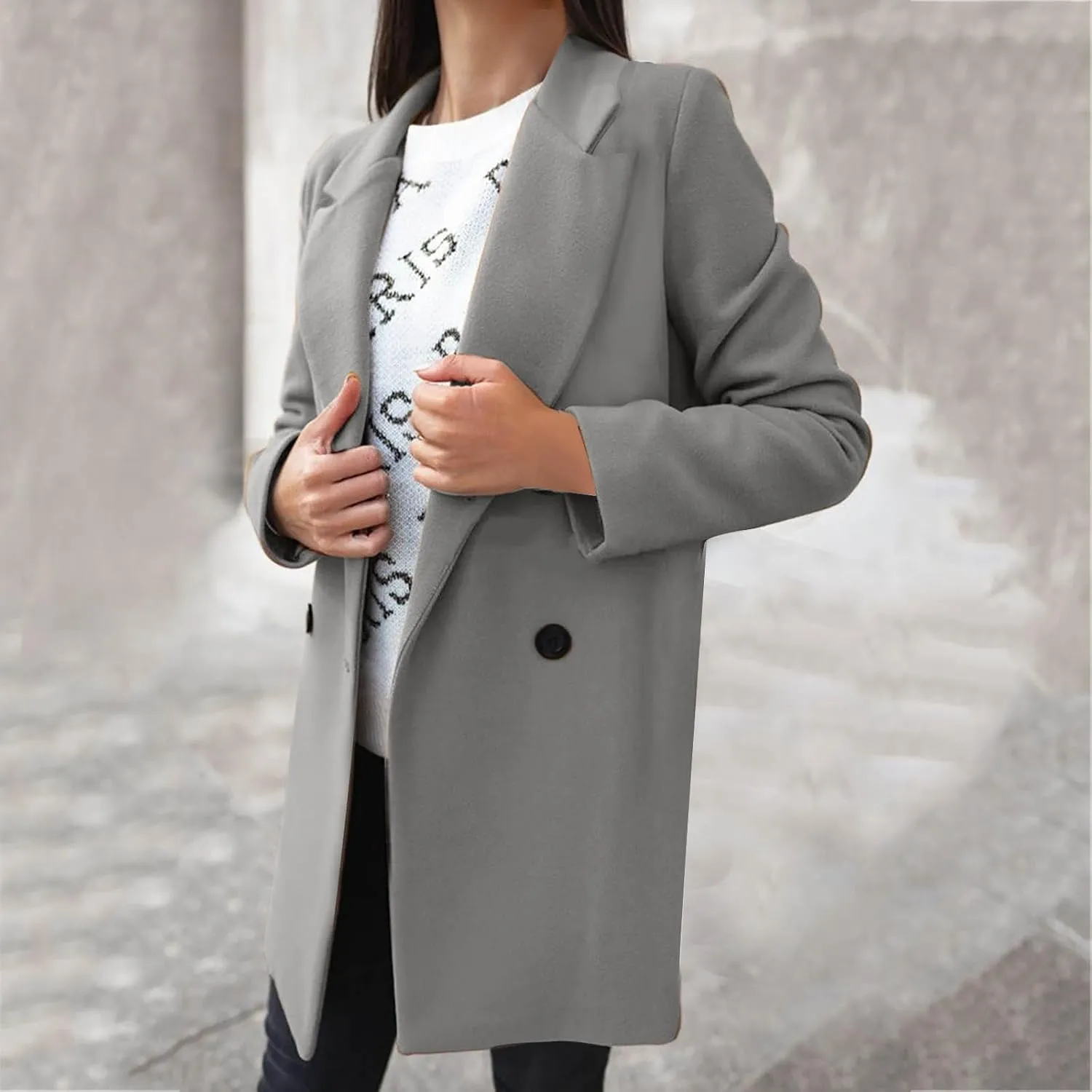YRAETENM Wool Coats for Women Plus Size Business Notch Lapel Trench Coats Fall Winter Open Front Pea Coats Warm Outwear