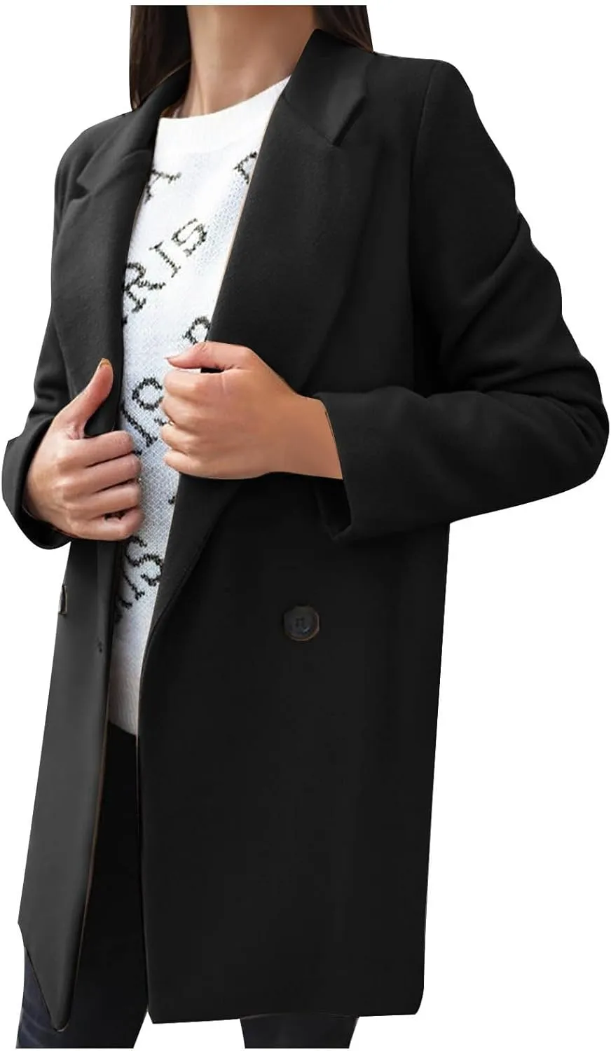 YRAETENM Wool Coats for Women Plus Size Business Notch Lapel Trench Coats Fall Winter Open Front Pea Coats Warm Outwear