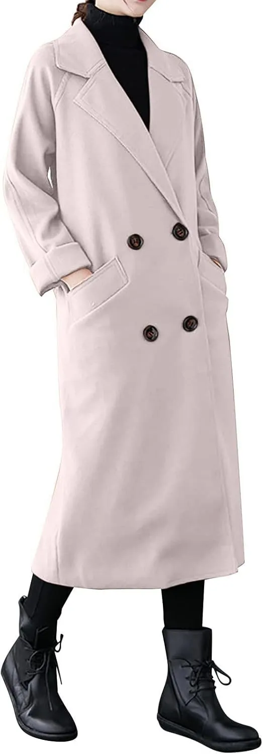 YRAETENM Wool Trench Coats for Women Lapel Collar Double Breasted Pea Coats Winter Casual Thick Mid-Length Outwear with Belt