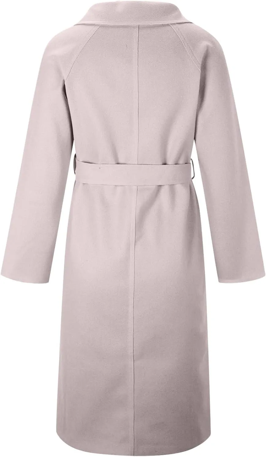 YRAETENM Wool Trench Coats for Women Lapel Collar Double Breasted Pea Coats Winter Casual Thick Mid-Length Outwear with Belt