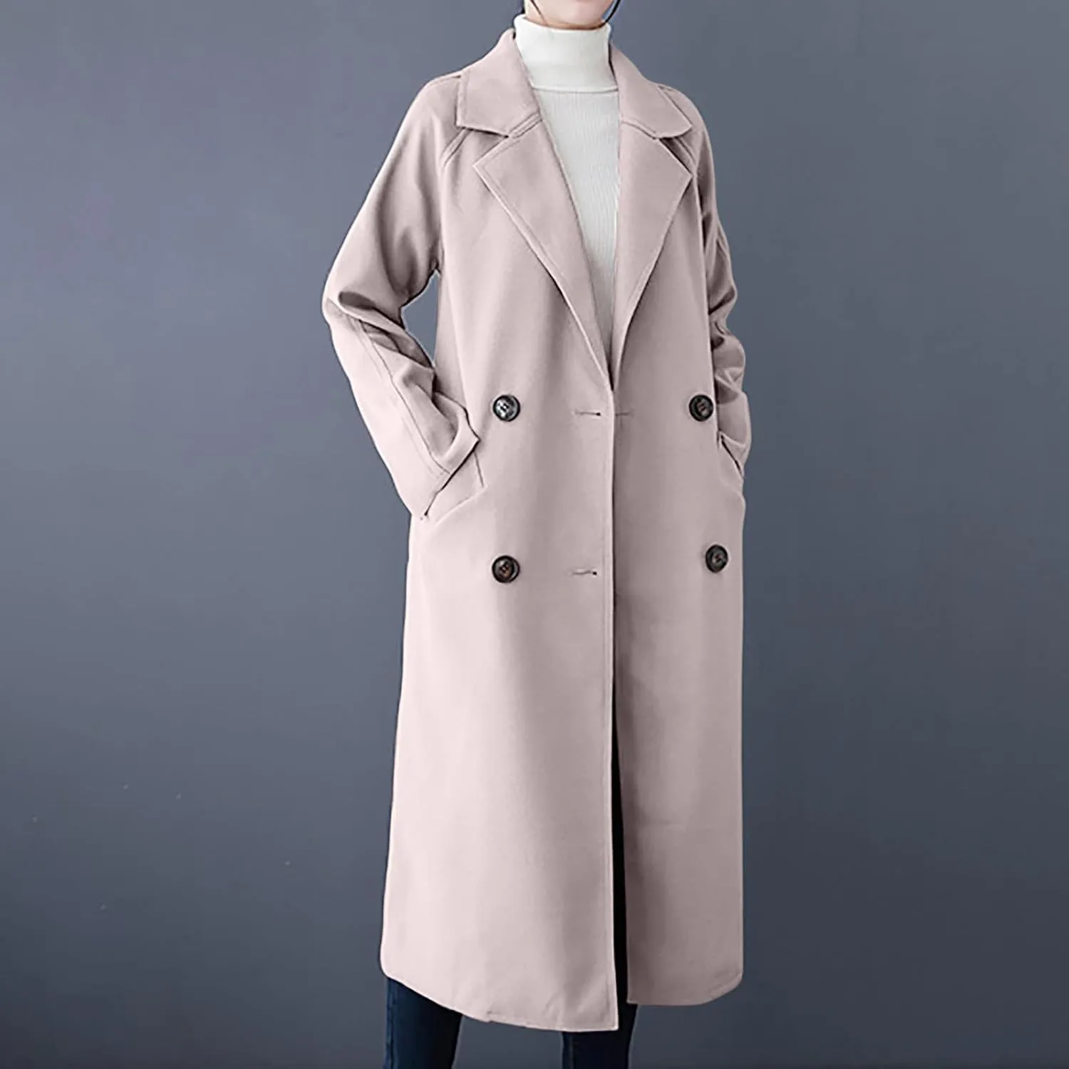 YRAETENM Wool Trench Coats for Women Lapel Collar Double Breasted Pea Coats Winter Casual Thick Mid-Length Outwear with Belt