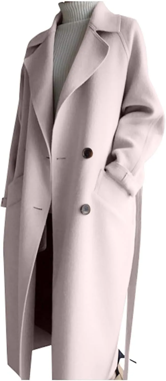 YRAETENM Wool Trench Coats for Women Lapel Collar Double Breasted Pea Coats Winter Casual Thick Mid-Length Outwear with Belt