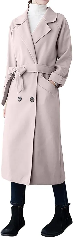 YRAETENM Wool Trench Coats for Women Lapel Collar Double Breasted Pea Coats Winter Casual Thick Mid-Length Outwear with Belt