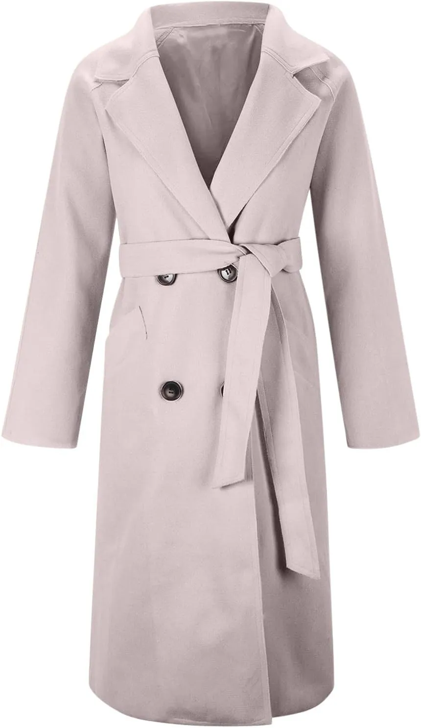 YRAETENM Wool Trench Coats for Women Lapel Collar Double Breasted Pea Coats Winter Casual Thick Mid-Length Outwear with Belt